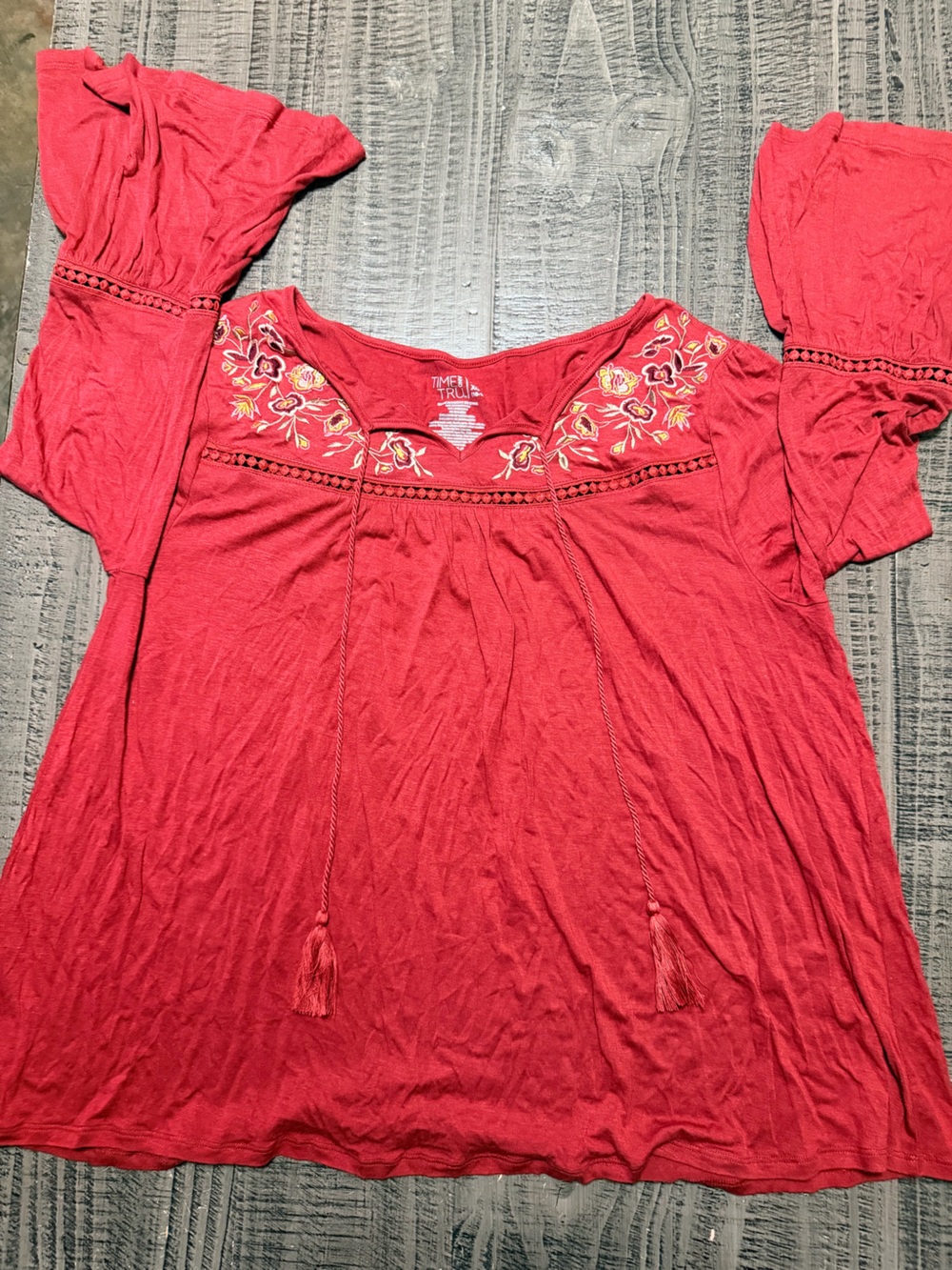 Time and Tru Red Embroidered Boho Blouse
